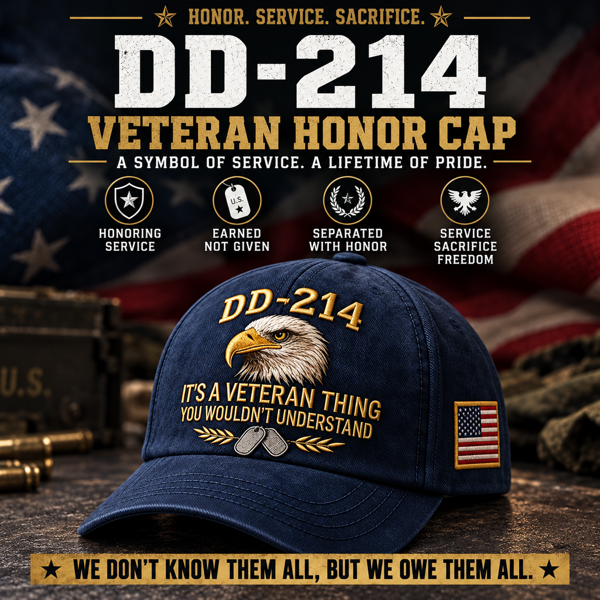 100% Handmade DD-214 Veteran Honor Embroidered Cap